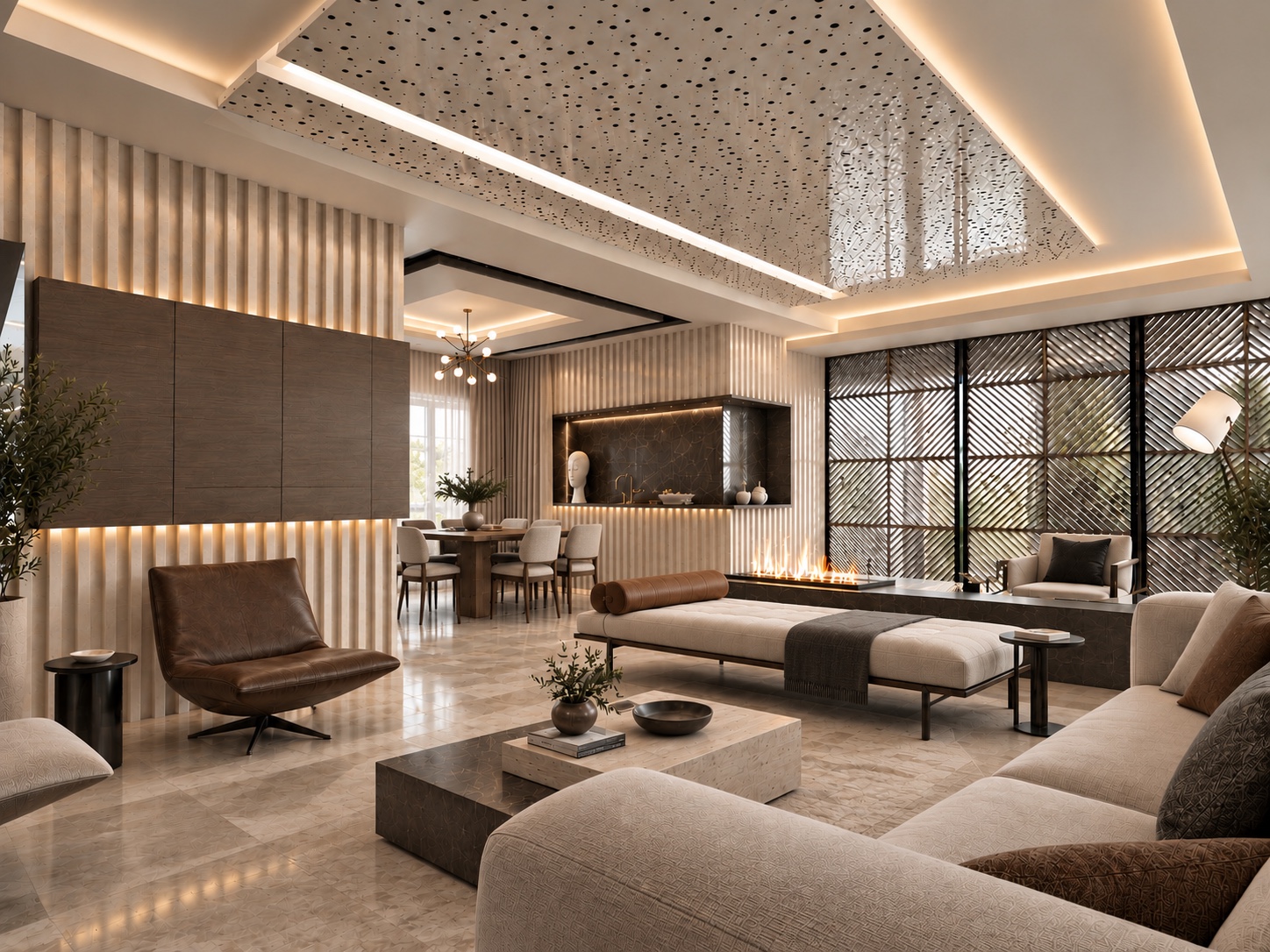 Layered living and dining space in the Amchit Private Apartment