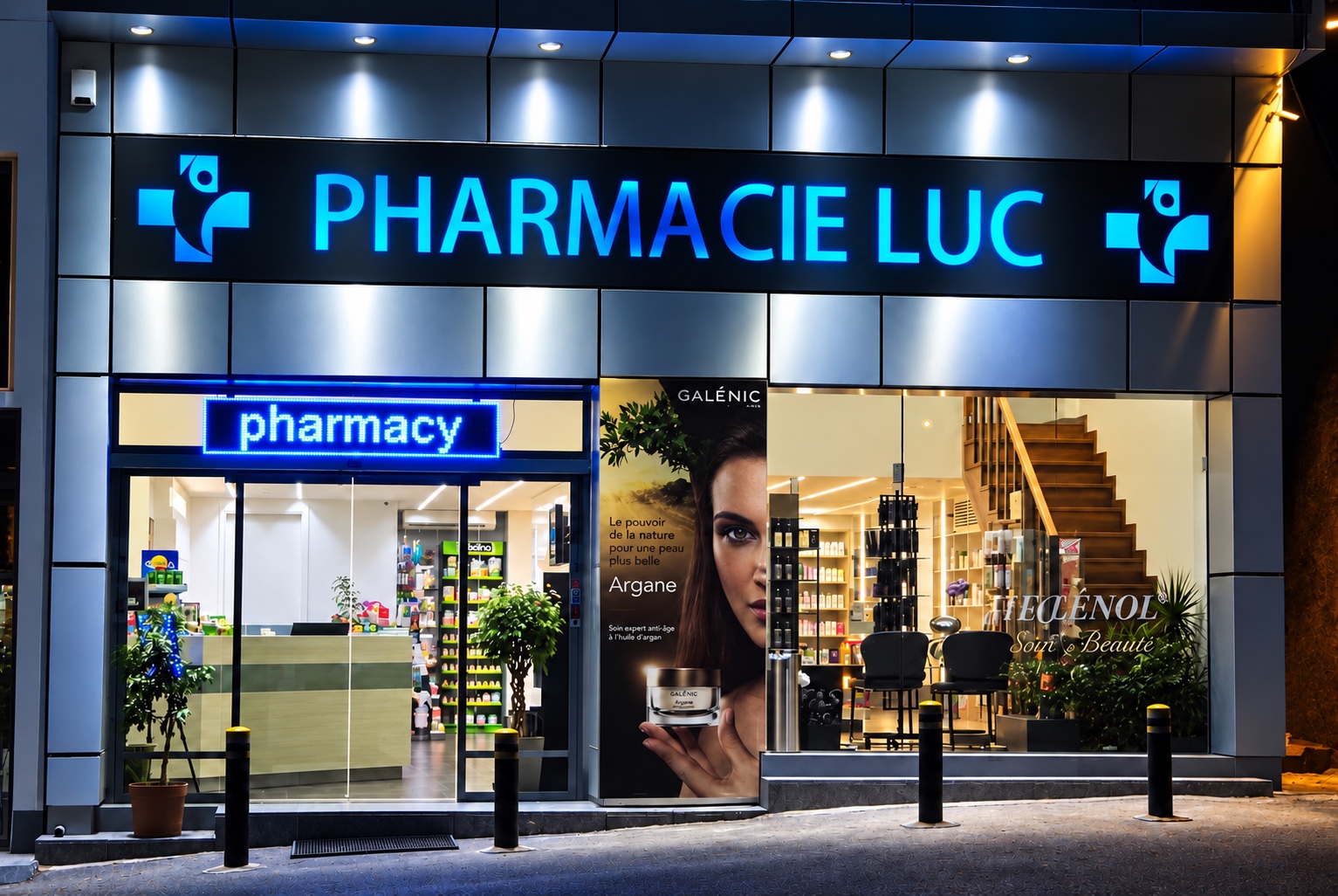 Illuminated Pharmacy Luc storefront in Byblos